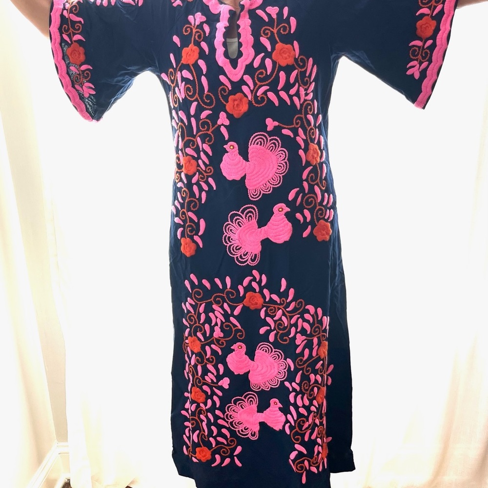 Frances Valentine Navy Peacock Caftan with Pink Embroidery